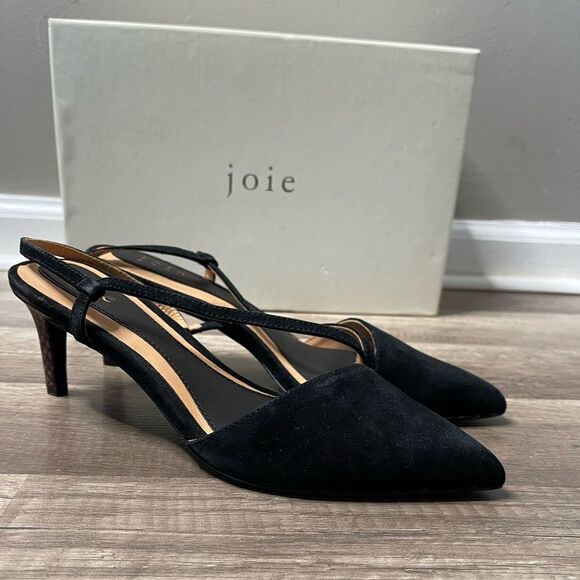 Joie Reno Black Suede Heels Slingbacks 36.5 US 6.5 snakeskin heel New - Picture 7 of 9
